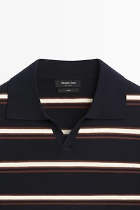 Striped V-neck knit polo shirt