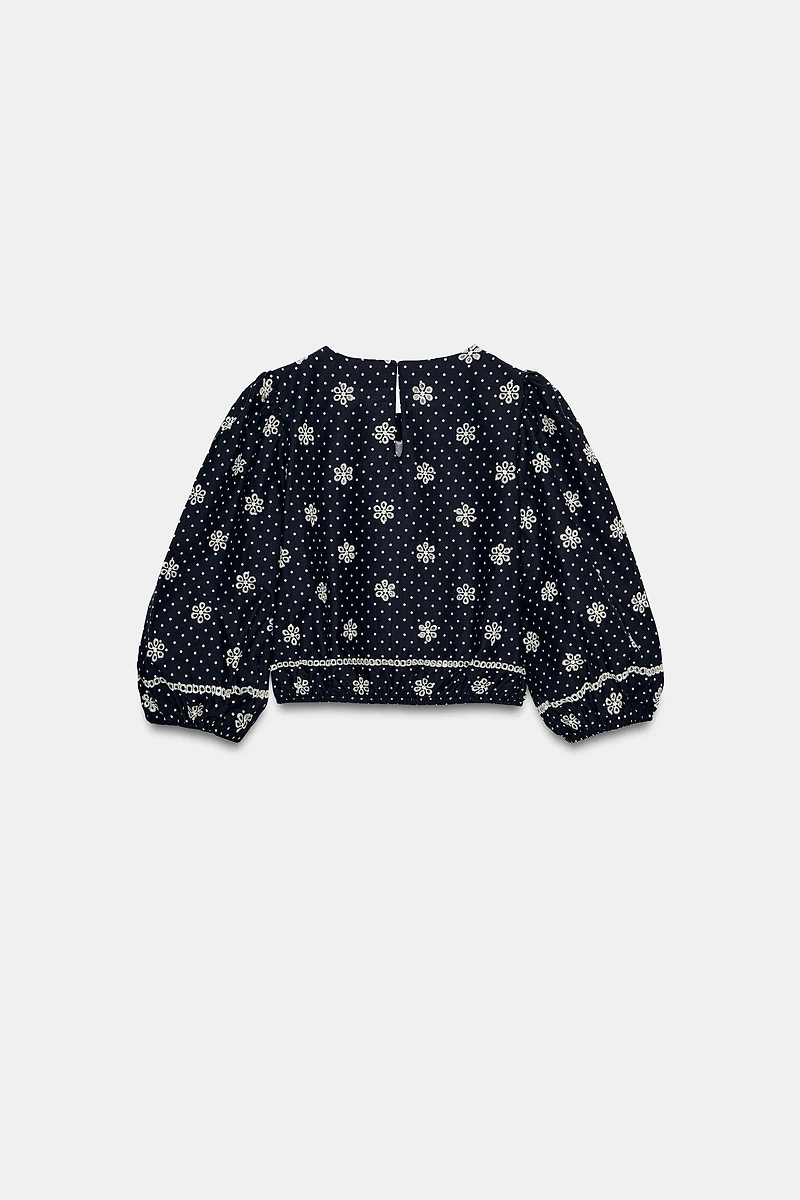 EMBROIDERED PERFORATED POLKA DOT BLOUSE