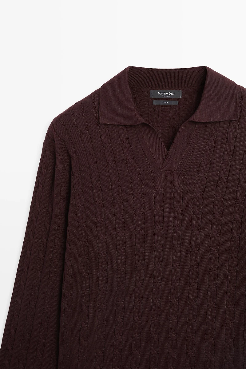 100% Cotton Cable-Knit Polo Sweater