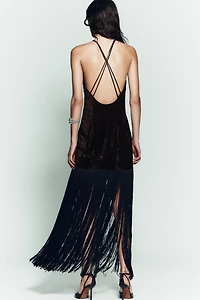 VELVET FRINGE MIDI DRESS