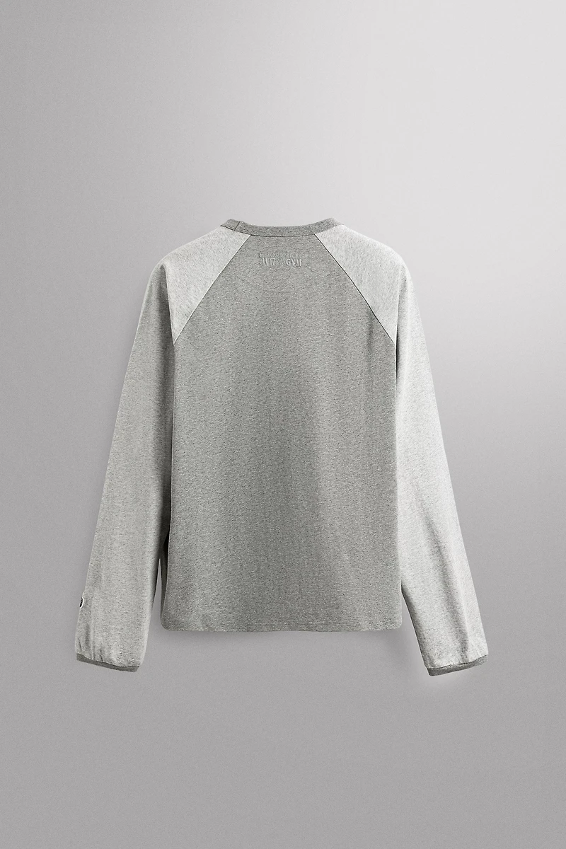 EMBROIDERED LONG SLEEVE COLOR BLOCK T-SHIRT
