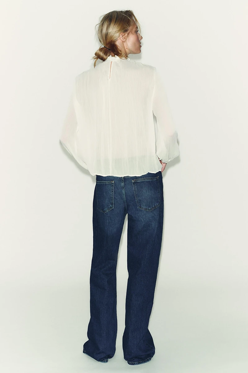 COTTON GAUZE LACE TRIM RUFFLED BLOUSE
