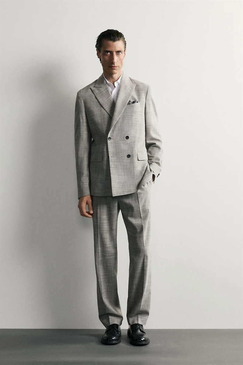CHECKED WOOL BLEND PLEATED SUIT PANTS