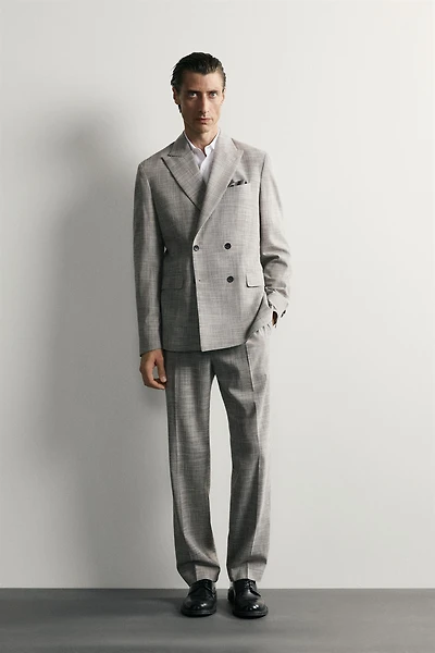 CHECKED WOOL BLEND PLEATED SUIT PANTS