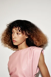 FAUX LEATHER SHOULDER PLEAT TOP