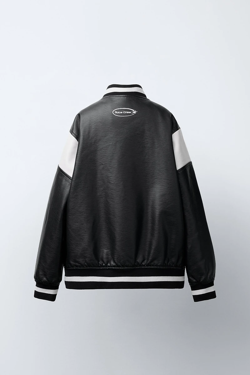 FAUX LEATHER BOMBER JACKET WITH EMBROIDERED TEXT
