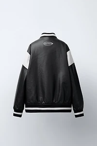 FAUX LEATHER BOMBER JACKET WITH EMBROIDERED TEXT