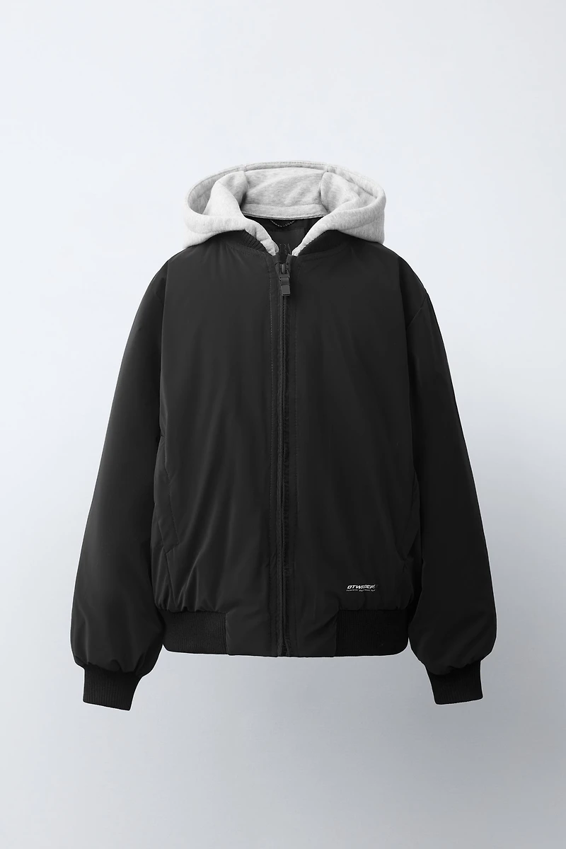 RUBBERIZED BOMBER JACKET WITH DETACHABLE HOOD