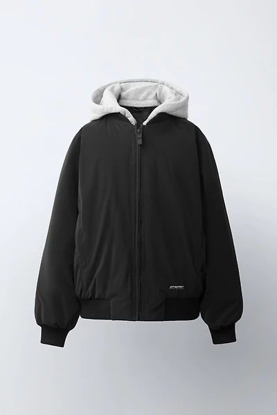 RUBBERIZED BOMBER JACKET WITH DETACHABLE HOOD