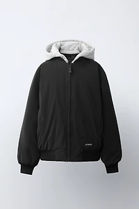 RUBBERIZED BOMBER JACKET WITH DETACHABLE HOOD