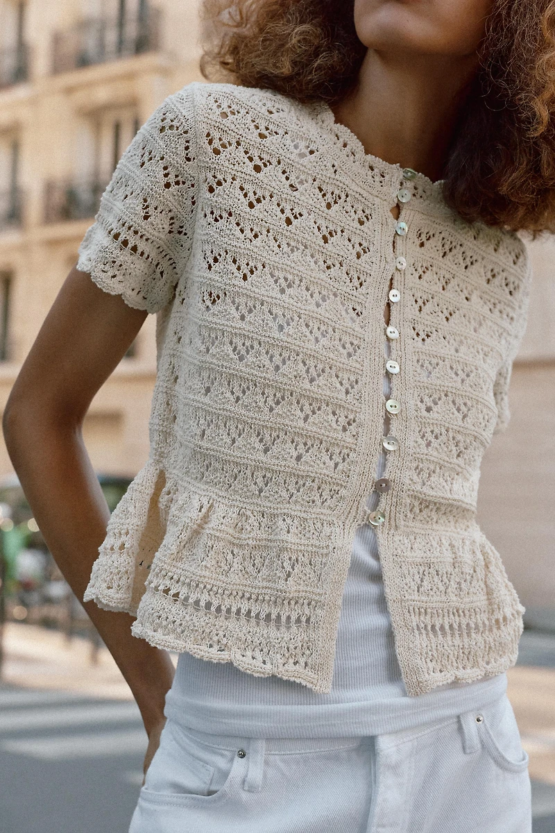 SHORT SLEEVE POINTELLE CARDIGAN