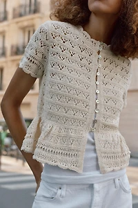 SHORT SLEEVE POINTELLE CARDIGAN