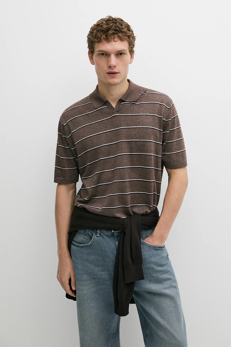 Striped knit V-neck polo shirt