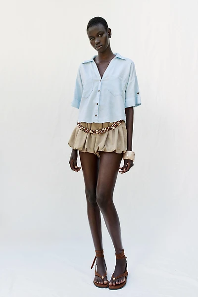 CROPPED LINEN BLEND SHIRT