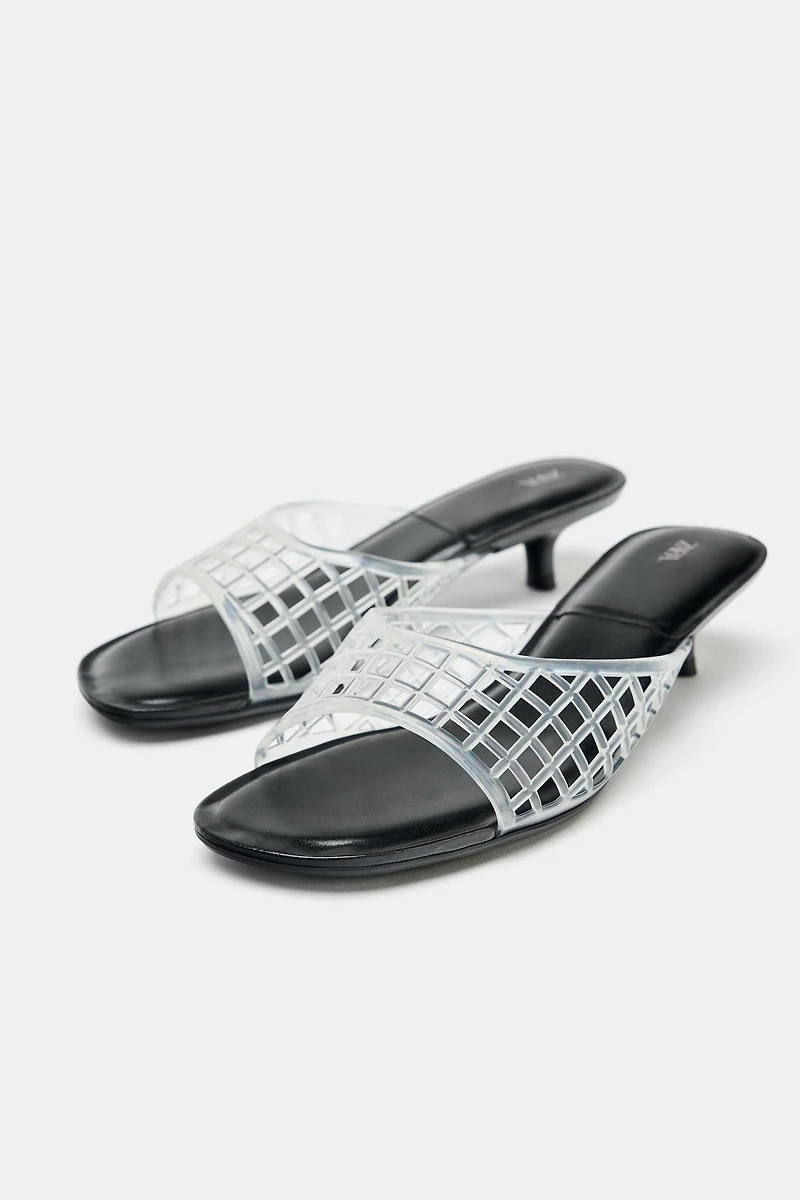 RUBBERIZED EFFECT KITTEN HEELED MULES