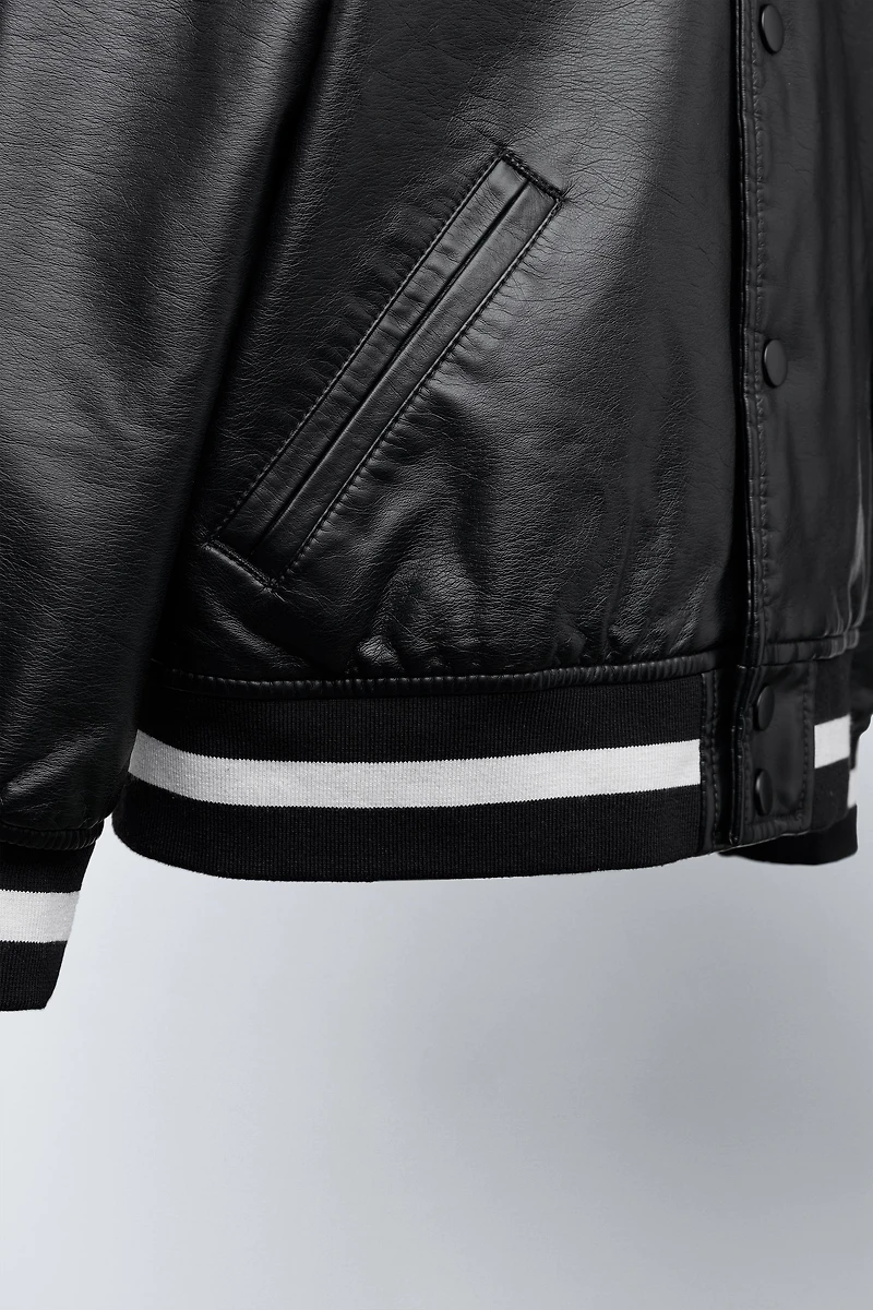 FAUX LEATHER BOMBER JACKET WITH EMBROIDERED TEXT