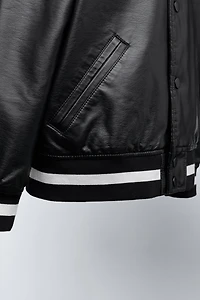 FAUX LEATHER BOMBER JACKET WITH EMBROIDERED TEXT
