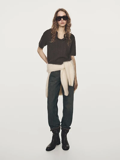 Short sleeve cable-knit polo shirt