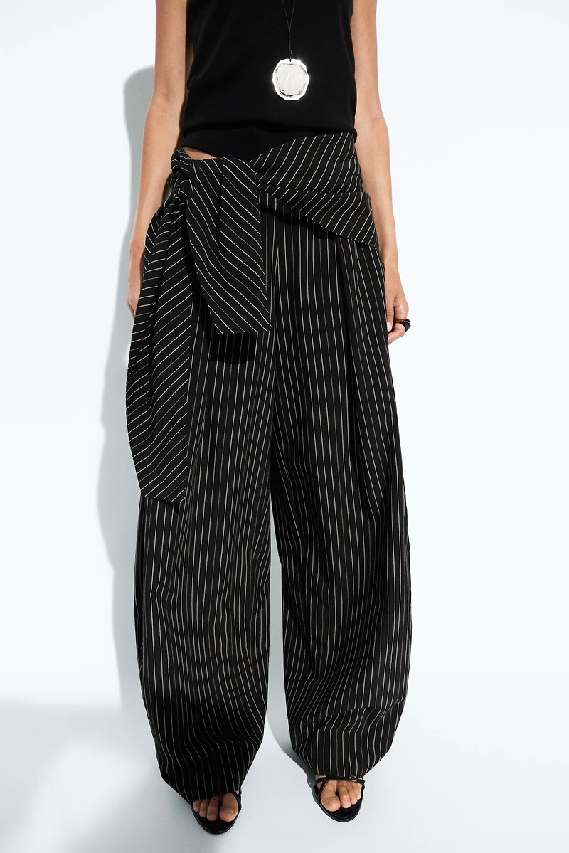 Striped barrel fit pants with scarf detail
