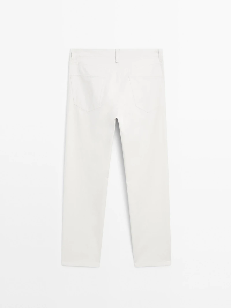 Lightweight tapered fit denim-effect trousers