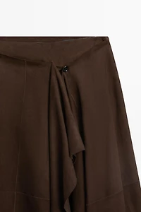 Suede leather midi skirt with ruffle detail