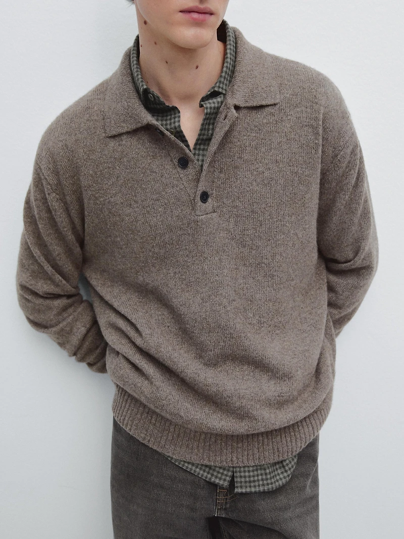 Wool blend knit polo sweater