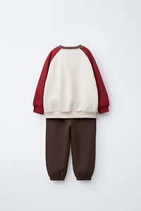COLOR BLOCK BEAR SWEATSHIRT AND JOGGER PANTS SET