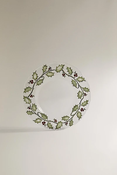 CHRISTMAS GLASS HOLLY LEAF DESSERT PLATE