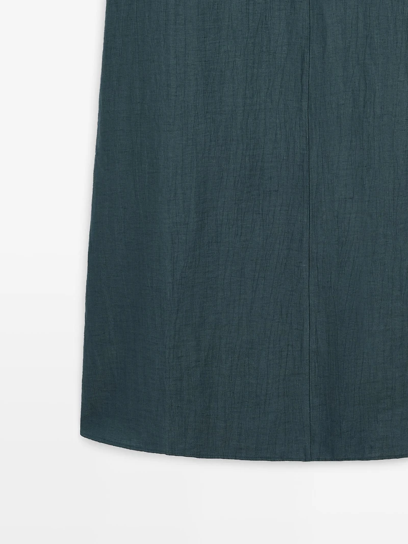 Linen blend midi dress with V-neckline