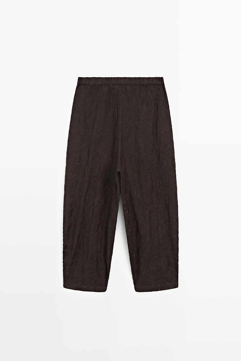 Embroidered flowing barrel fit trousers