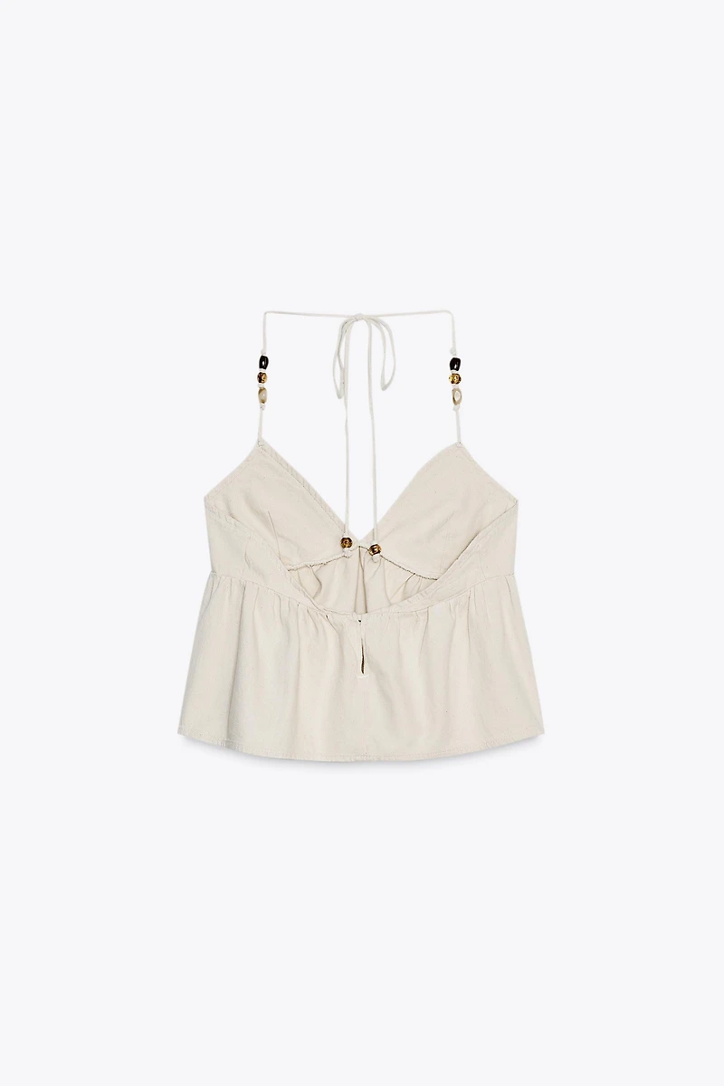 BEADED DENIM HALTER TOP