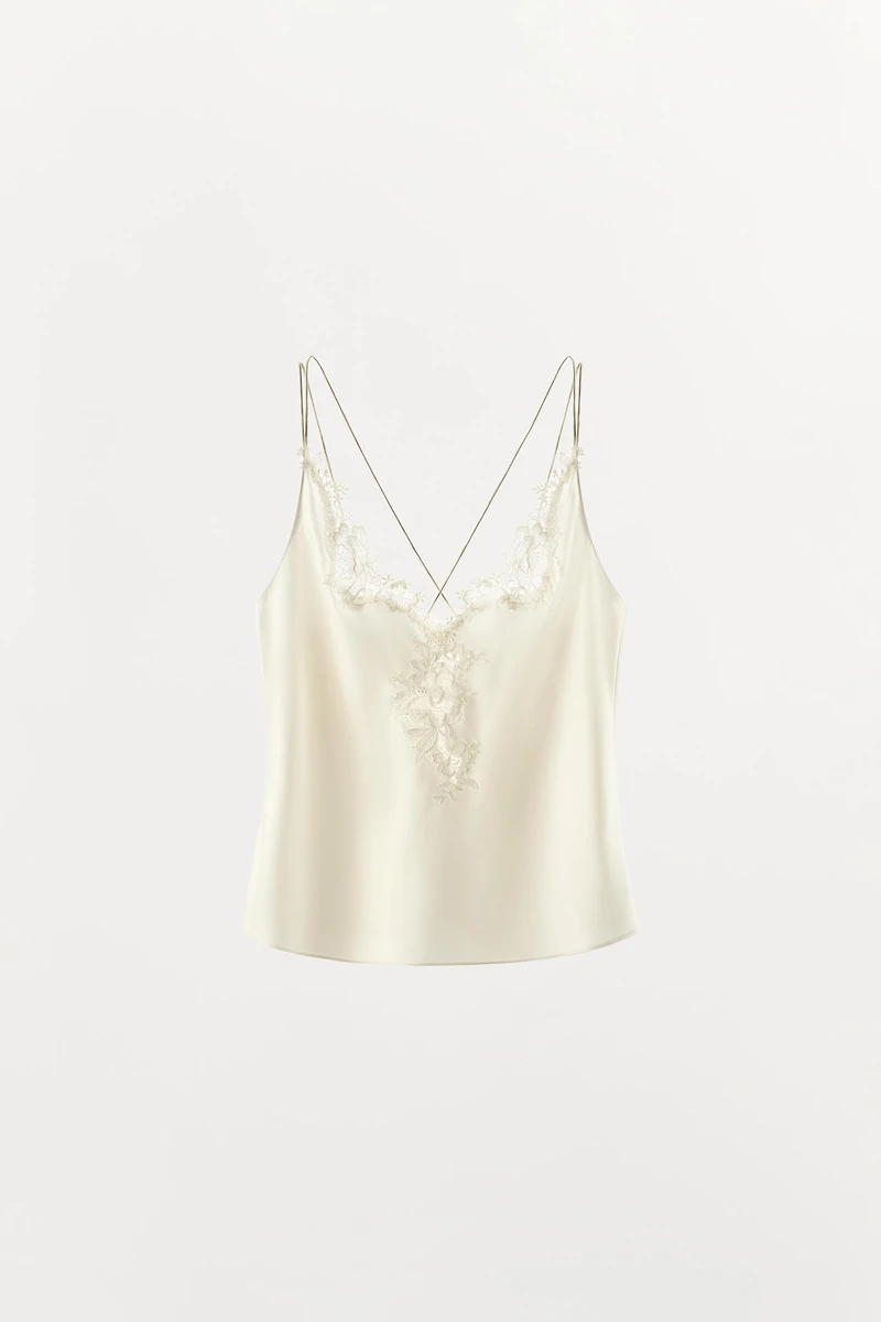 SATIN LACE-TRIM CROSS-STRAP TOP