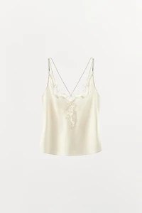 SATIN LACE-TRIM CROSS-STRAP TOP