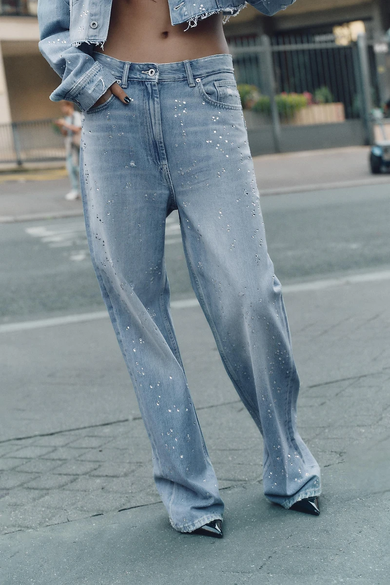 TRF HIGH-WAISTED STRAIGHT-LEG RHINESTONE JEANS