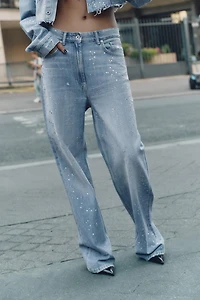 TRF HIGH-WAISTED STRAIGHT-LEG RHINESTONE JEANS