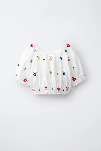 EMBROIDERED FLORAL PUFF SLEEVE BLOUSE
