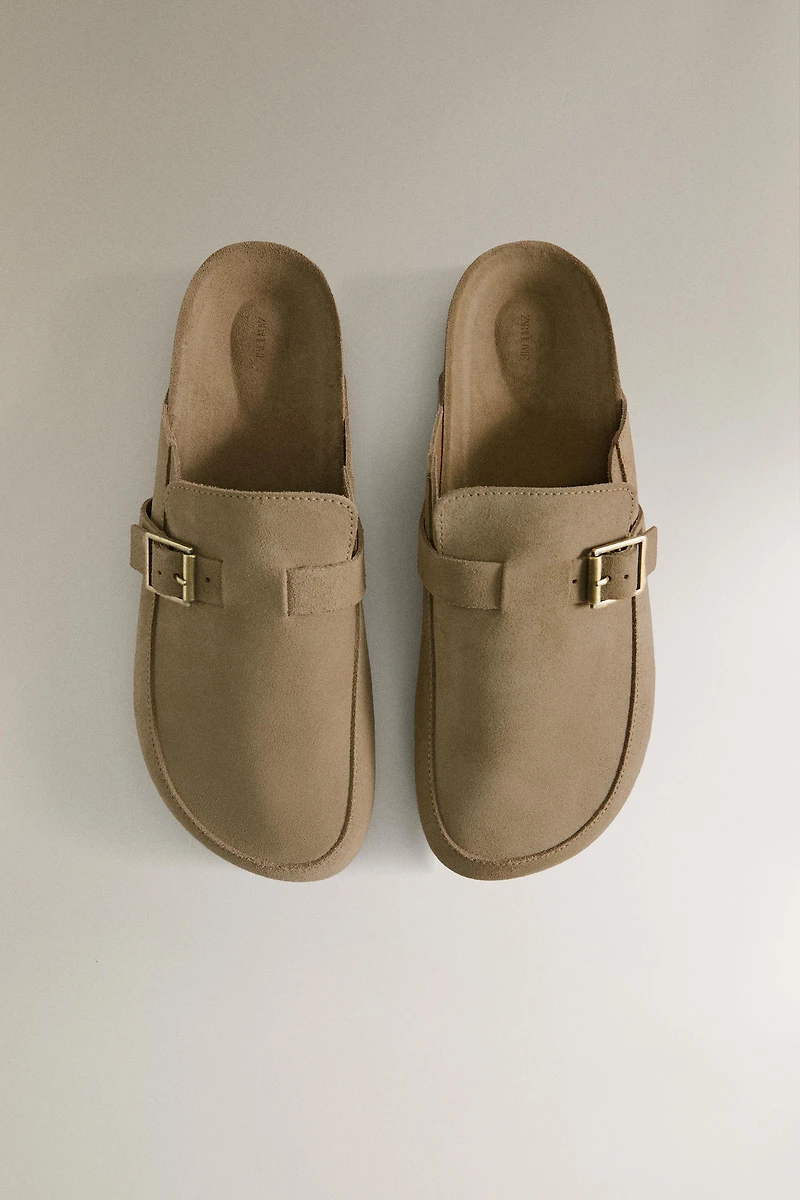 LEATHER MULE CLOG SLIPPERS WITH BUCKLE