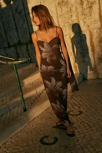 TULLE PRINT MIDI DRESS WITH FOULARD