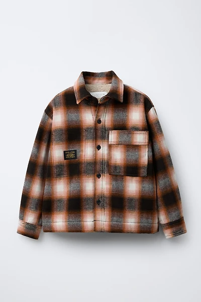 PLAID FAUX SHEARLING LINED OVERSHIRT