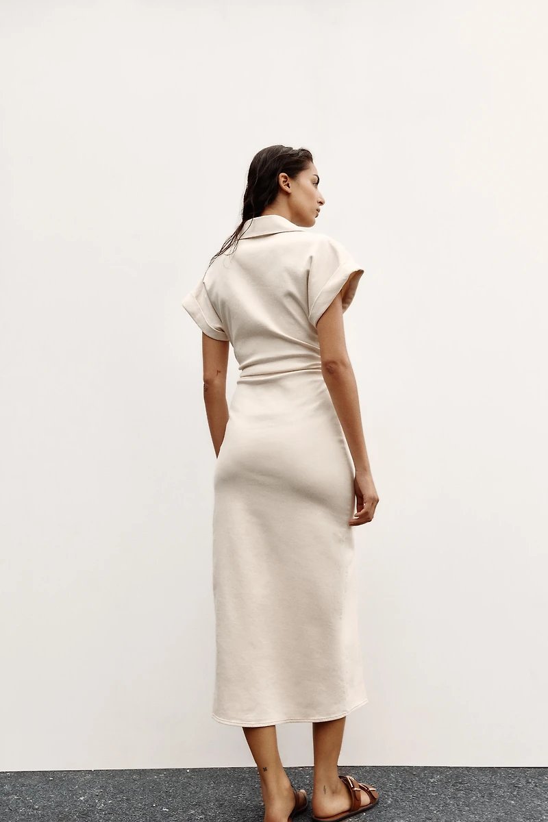 RUCHED WAIST MIDI DRESS