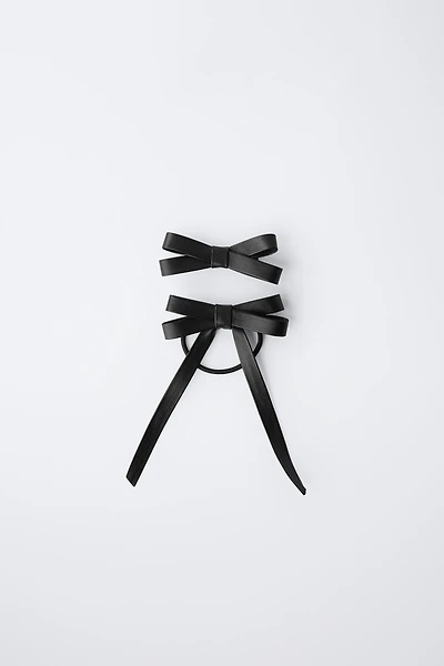 FAUX LEATHER BOW HAIR CLIP AND HAIR TIE PACK