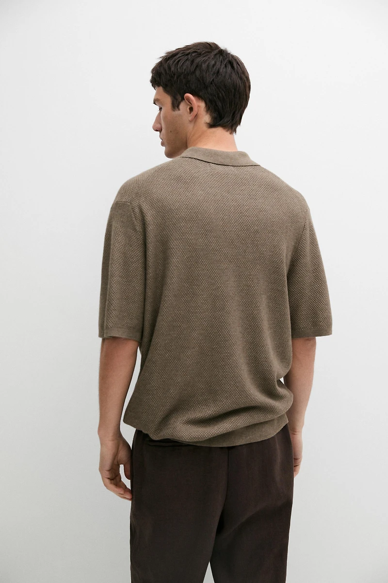 Cotton blend knit V-neck polo shirt