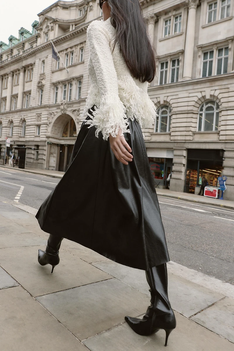 FAUX LEATHER LAYERED BELTED MIDI SKIRT