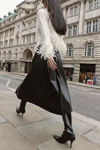 FAUX LEATHER LAYERED BELTED MIDI SKIRT