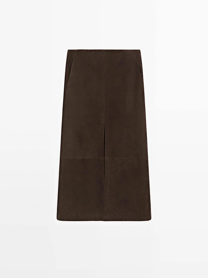 Straight nubuck leather midi skirt