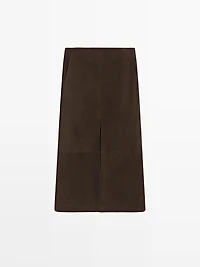 Straight nubuck leather midi skirt