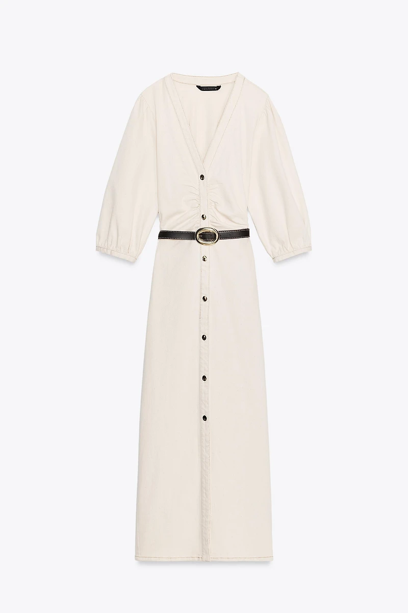 BELTED BALLOON SLEEVE MIDI DRESS