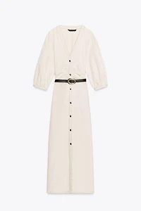 BELTED BALLOON SLEEVE MIDI DRESS