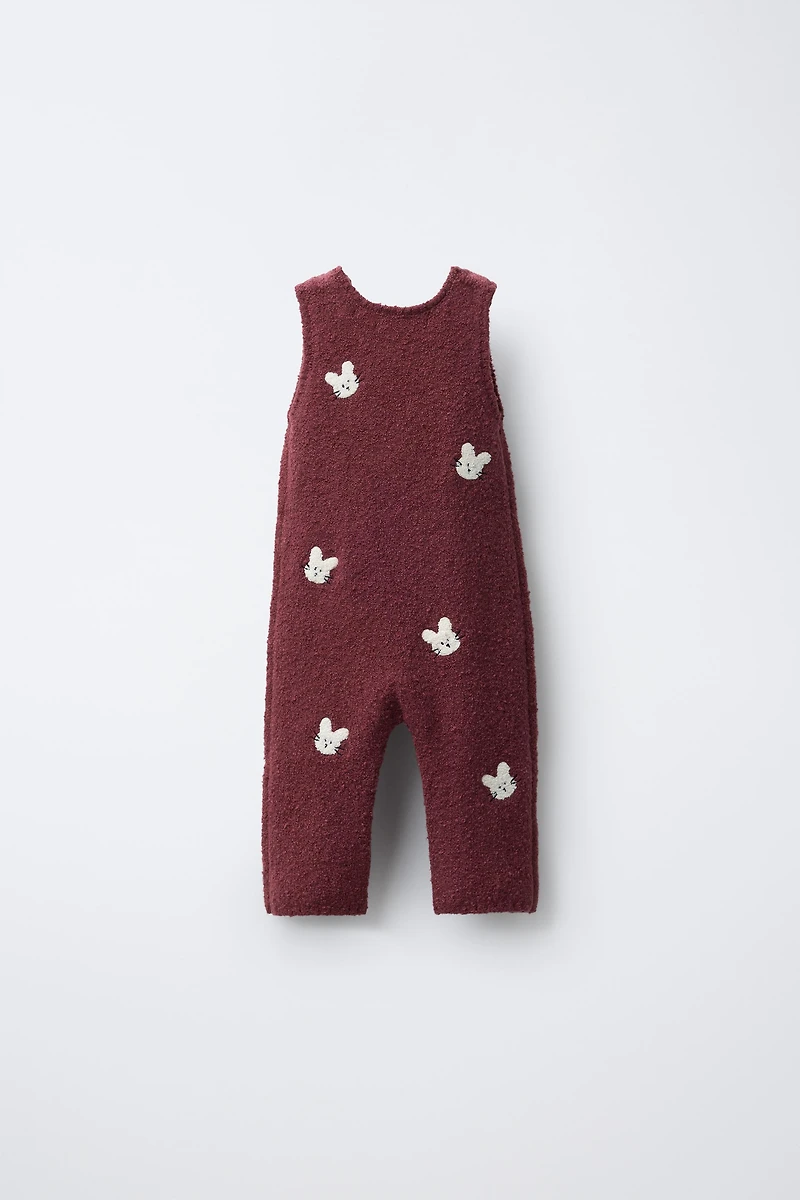 EMBROIDERED BUNNY KNIT OVERALLS