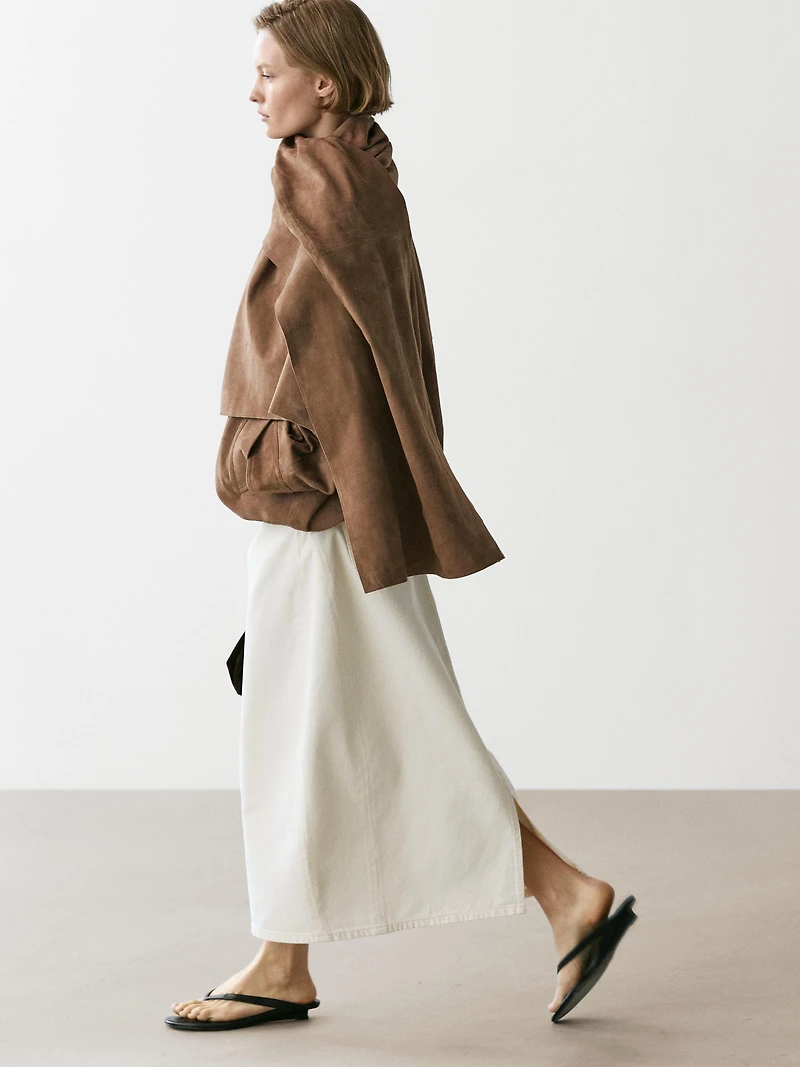 Suede leather bomber jacket with scarf detail